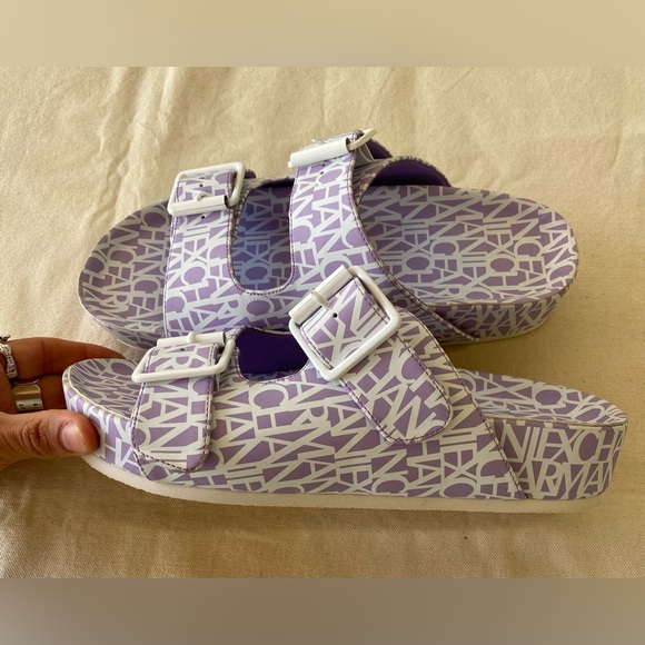 Armani Exchange Dual Strap Flat Slide Sandals Violet Purple Branded Print 9 - Picture 7 of 11